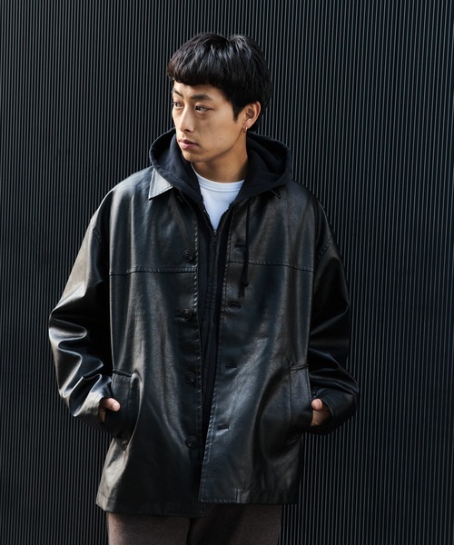 セール】フェイクレザー カーコート/Faux Leather Car Coat【ユニ