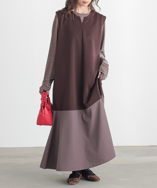 n'OrLABEL（ノアールレーベル）の「『異素材切替えノースリーブワンピース』（ワンピース・レディース・ブラック/ブラウン/グリーン・1/2）」の2枚目の写真