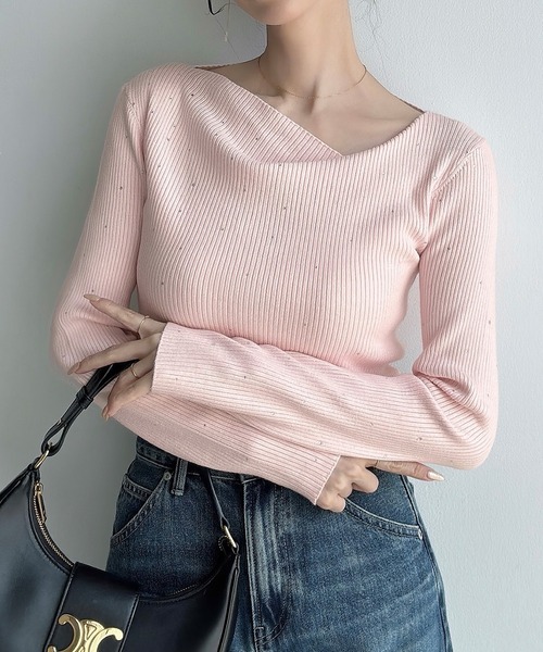 A★A セール】ラインストーンアシメネックリブニット(薄手)（ニット