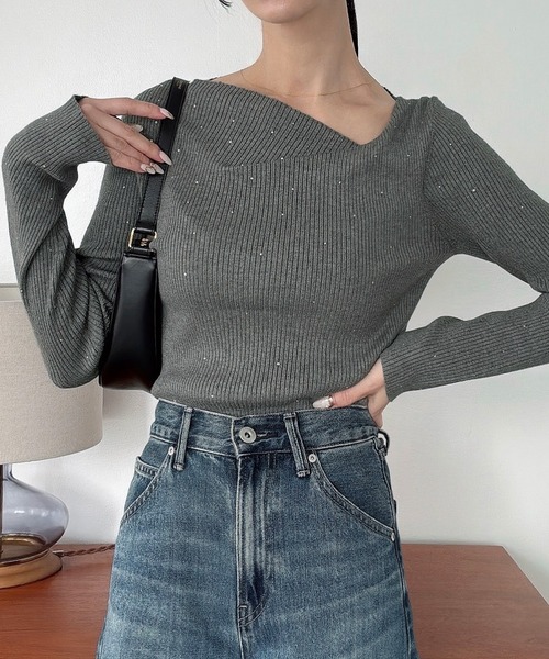 セール】ラインストーンアシメネックリブニット(薄手)（ニット