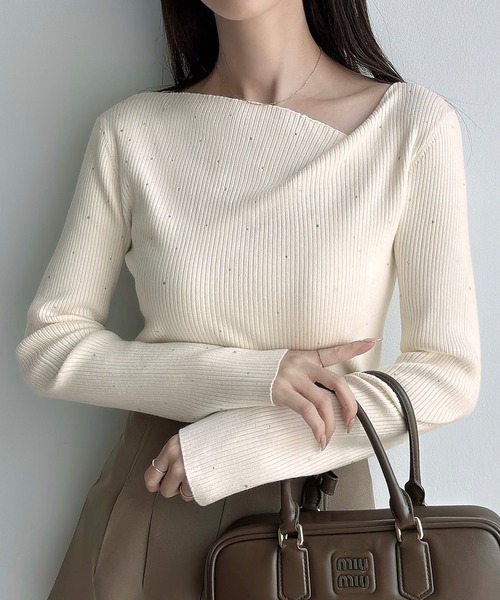 セール】ラインストーンアシメネックリブニット(薄手)（ニット