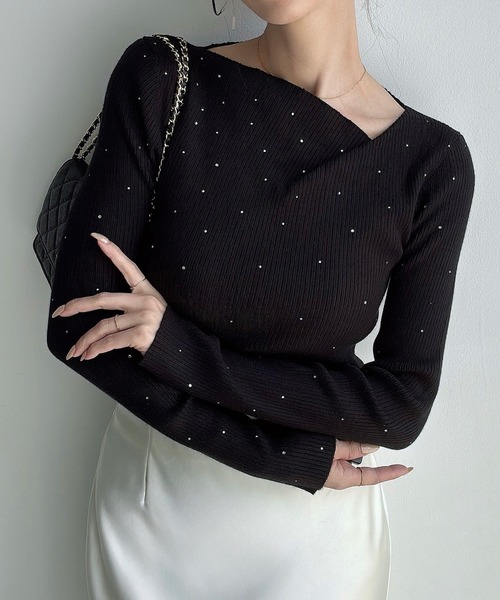 セール】ラインストーンアシメネックリブニット(薄手)（ニット