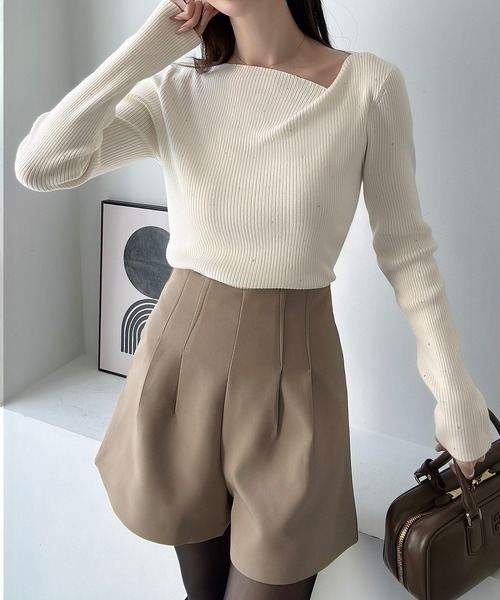 ラインストーンアシメネックリブニット(薄手)（ニット/セーター