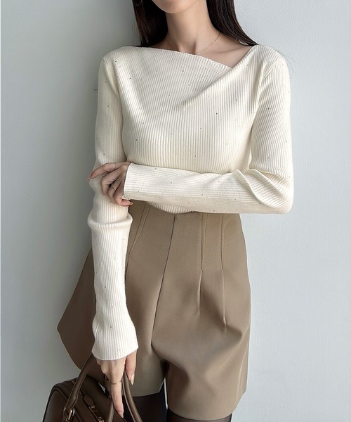 セール】ラインストーンアシメネックリブニット(薄手)（ニット