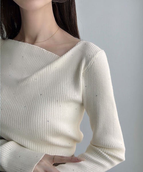 セール】ラインストーンアシメネックリブニット(薄手)（ニット
