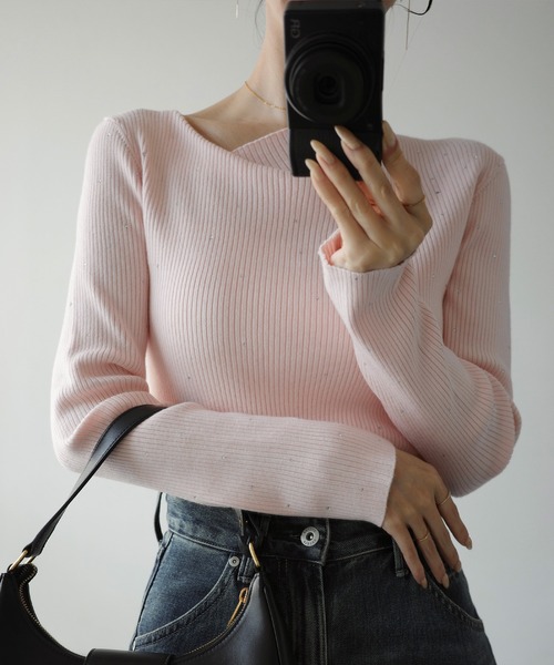 セール】ラインストーンアシメネックリブニット(薄手)（ニット