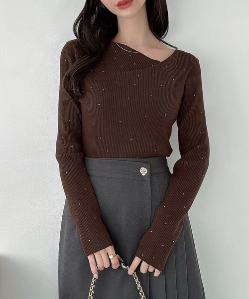 セール】ラインストーンアシメネックリブニット(薄手)（ニット