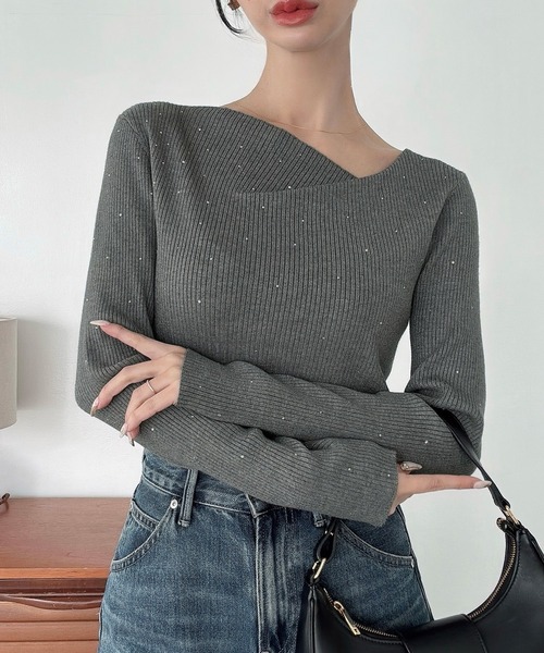 セール】ラインストーンアシメネックリブニット(薄手)（ニット