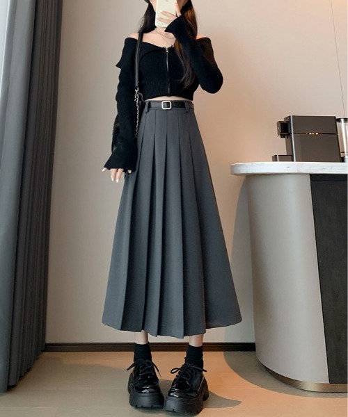 セール】【2点セット】Aラインベルト付きウールライクプリーツロング