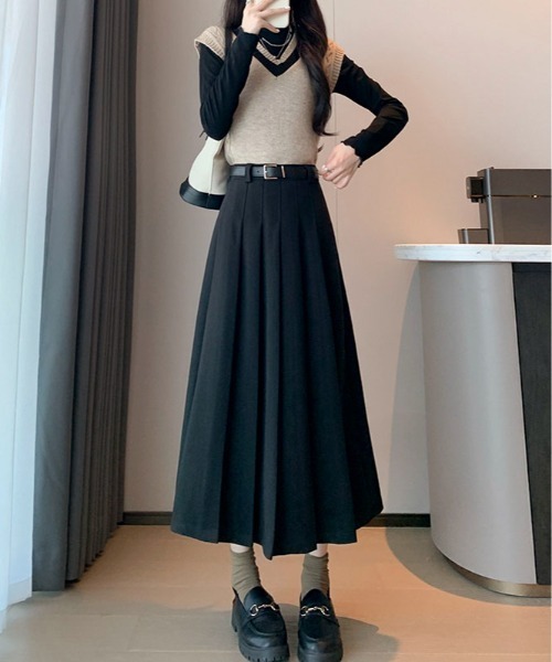 セール】【2点セット】Aラインベルト付きウールライクプリーツロング