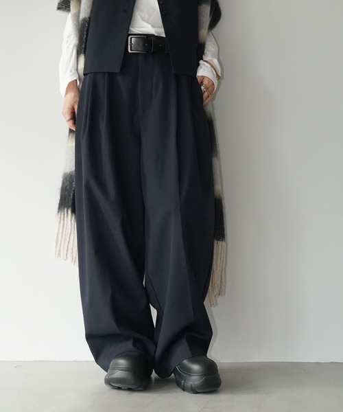 2タックネイビーワイドスラックス chw25a059-ファッション通販