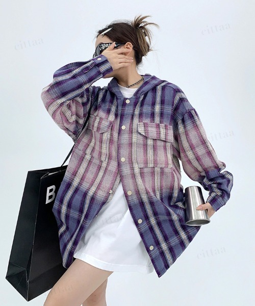 Dalfwin（ダールフィン）の「韓国ファッション ヴィンテージウォッシュフード付きチェック柄シャツ（シャツ/ブラウス・レディース・パープル/グリーン・FREE）」の14枚目の写真