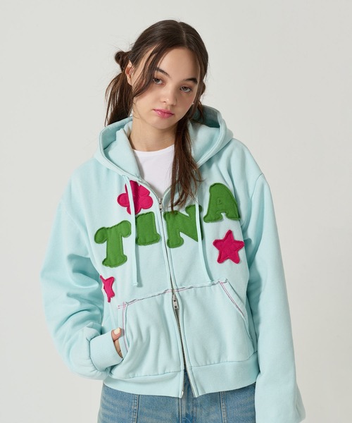 裏起毛 ロゴパッチワーク フーディー TINA：JOJUN（パーカー