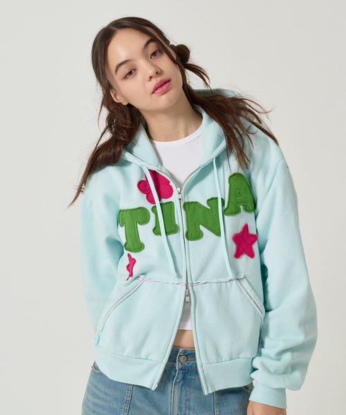 裏起毛 ロゴパッチワーク フーディー TINA：JOJUN（パーカー
