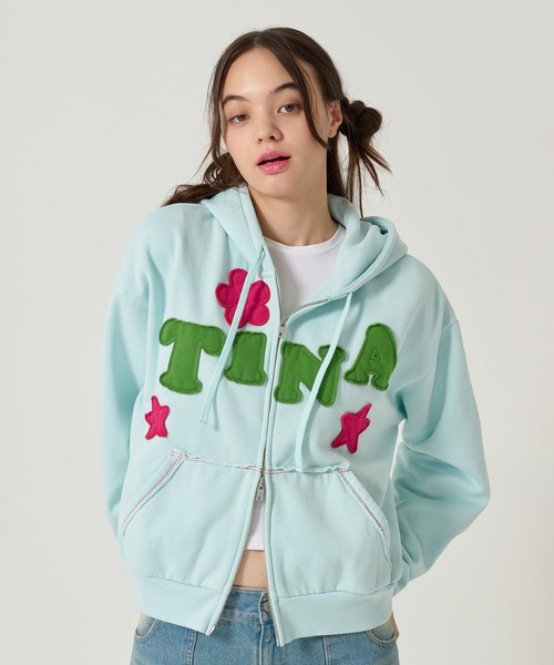 TINA：JOJUN ジップパーカー 裏起毛 ロゴパッチワーク フーディー TINA：JOJUN（パーカー