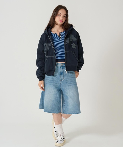 【新品未使用】TINA:JOJUN 裏起毛 ロゴパッチワークフーディー ネイビー TINA：JOJUN パーカー 裏起毛 ロゴパッチワーク フーディー