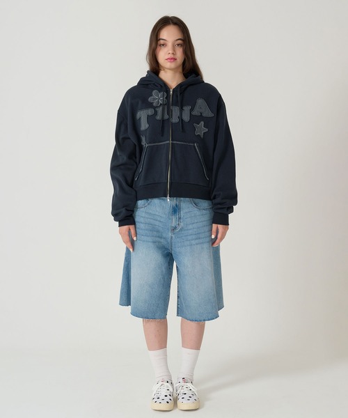 【新品未使用】TINA:JOJUN 裏起毛 ロゴパッチワークフーディー ネイビー 裏起毛 ロゴパッチワーク フーディー TINA：JOJUN（パーカー