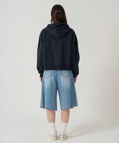 裏起毛 ロゴパッチワーク フーディー TINA：JOJUN ネイビー 新品未使用 TINA：JOJUN パーカー 裏起毛 ロゴパッチワーク フーディー