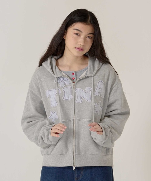 【新品未使用】TINA:JOJUN 裏起毛 ロゴパッチワークフーディー ネイビー 裏起毛 ロゴパッチワーク フーディー TINA：JOJUN 全3色｜tnj531-1133