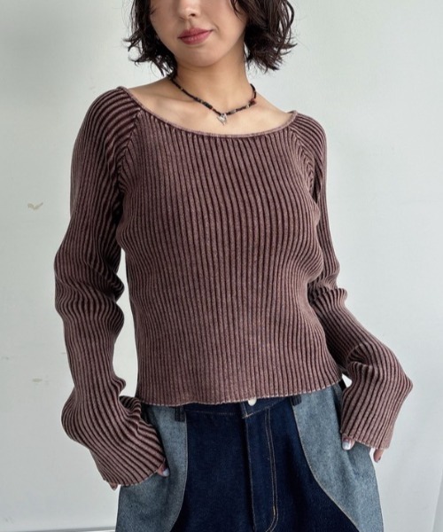 ウォッシュ加工スクエアネックリブトップス（Tシャツ/カットソー