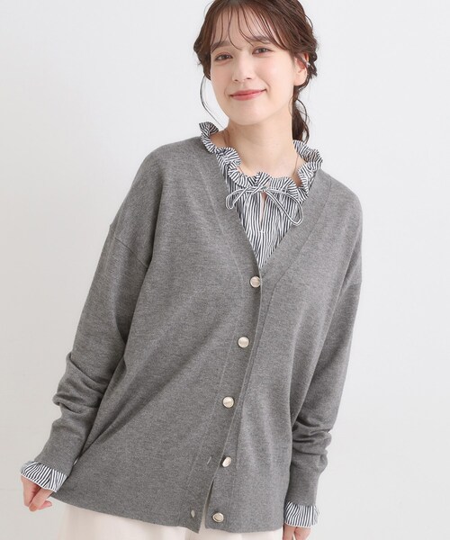 maio グレー カーディガン ボタン付き セール】【洗える】もちもち ミドル丈ニットカーディガン