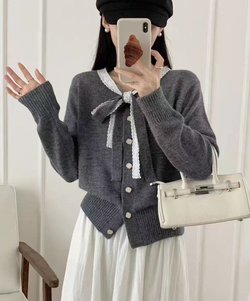 COMON+(コモンプラス)の「レースリボンニットカーディガン(カーディガン/ボレロ・レディース・ブラック/アイボリー/グレー・FREE)」の3枚目の写真