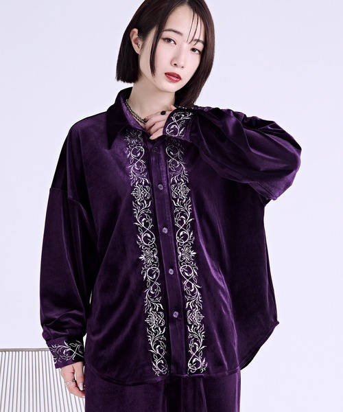 バーチカル刺繍ベロアシャツ/SETUP対応（シャツ/ブラウス）｜Ellno