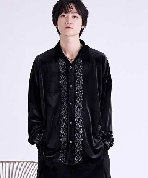 【cccmalie】シーマリー ベロア刺繍ブラウス 黒 チュニック バーチカル刺繍ベロアシャツ/SETUP対応（シャツ/ブラウス）｜Ellno