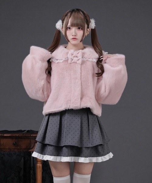 TRALALA ファー付リボンレースパールボタンコート ピンク×黒 平成 地雷系 リボン付きフリルファーコート（その他アウター）｜Pal elfy（パル