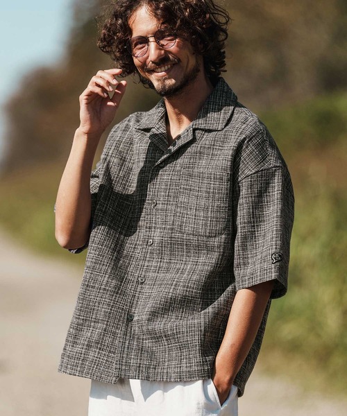 1minute 1second(ワンミニットワンセカンド)の「mhs2457-summer tweed open collar shirt オープンカラーシャツ(1M26H130)(シャツ/ブラウス・メンズ・グレー系その他/ブラック系その他/ブルー系その他・S/M/L/XL)」の1枚目の写真