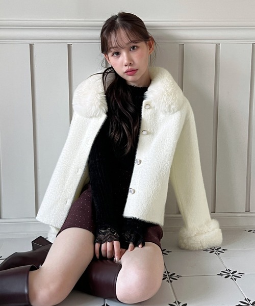 着用動画あり！】ファートリミングショートニットコート（その他