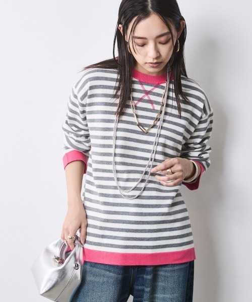 CHIC STYLE（シックスタイル）の「綿100％ボーダーニットプルオーバー＜大きいサイズ有＞シックスタイル（ニット/セーター・レディース・ブラック系/グレー系・M/L/LL/3L/4L/5L）」の17枚目の写真