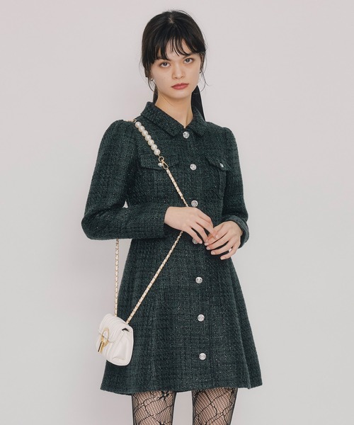 ビジューボタンファンシーツイードシャツミニワンピース（ワンピース