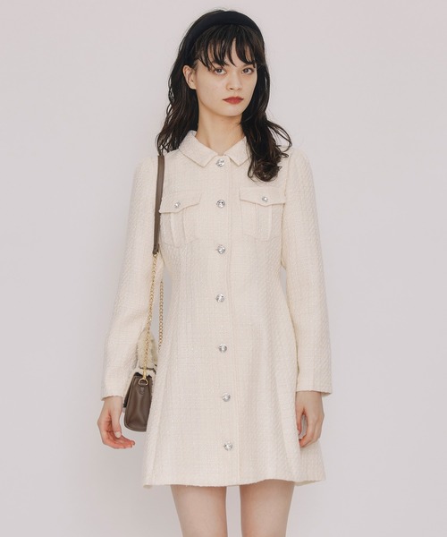 REDYAZEL(レディアゼル)の「ビジューボタンファンシーツイードシャツミニワンピース(ワンピース・レディース・ブラック/ピンク/オフホワイト/ミント・MEDIUM/SMALL)」の8枚目の写真