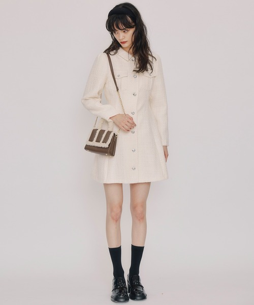 REDYAZEL(レディアゼル)の「ビジューボタンファンシーツイードシャツミニワンピース(ワンピース・レディース・ブラック/ピンク/オフホワイト/ミント・MEDIUM/SMALL)」の9枚目の写真