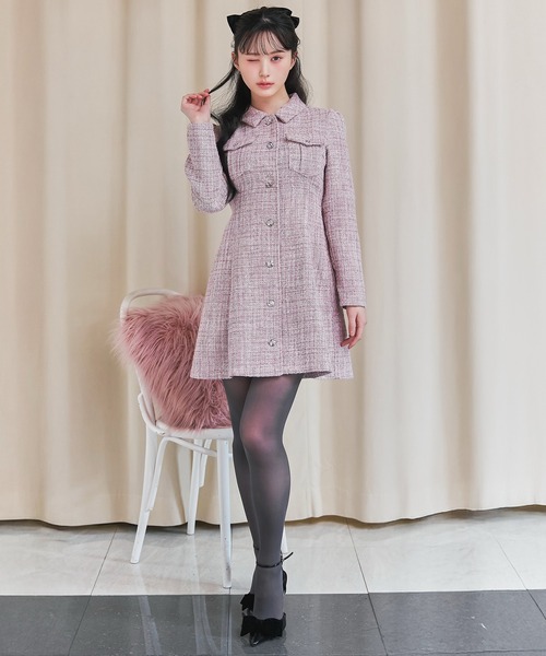 ビジューボタンファンシーツイードシャツミニワンピース（ワンピース