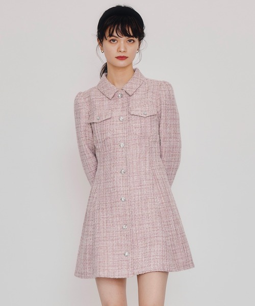ビジューボタンファンシーツイードシャツミニワンピース（ワンピース