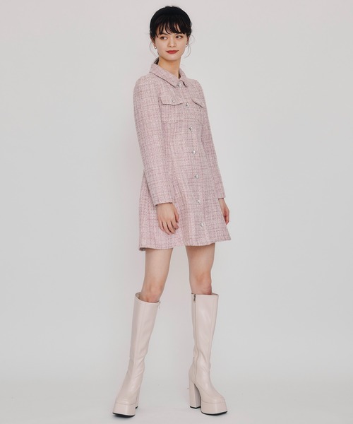 ビジューボタンファンシーツイードシャツミニワンピース（ワンピース