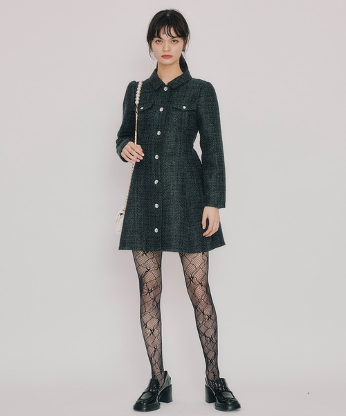 ビジューボタンファンシーツイードシャツミニワンピース（ワンピース