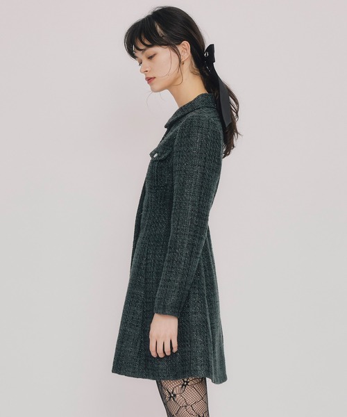 ビジューボタンファンシーツイードシャツミニワンピース（ワンピース