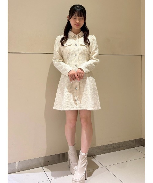 ビジューボタンファンシーツイードシャツミニワンピース（ワンピース
