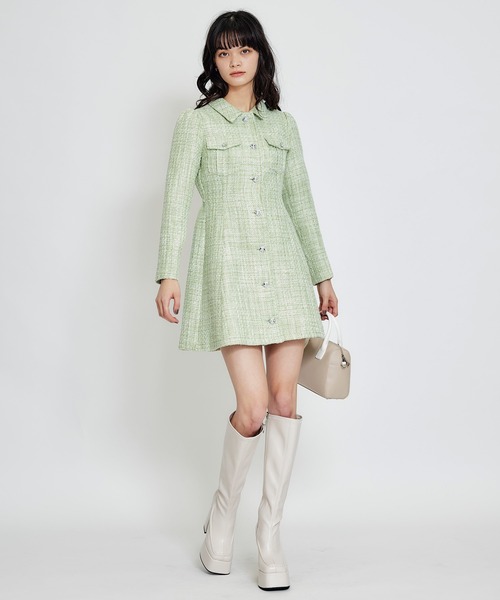 ビジューボタンファンシーツイードシャツミニワンピース（ワンピース