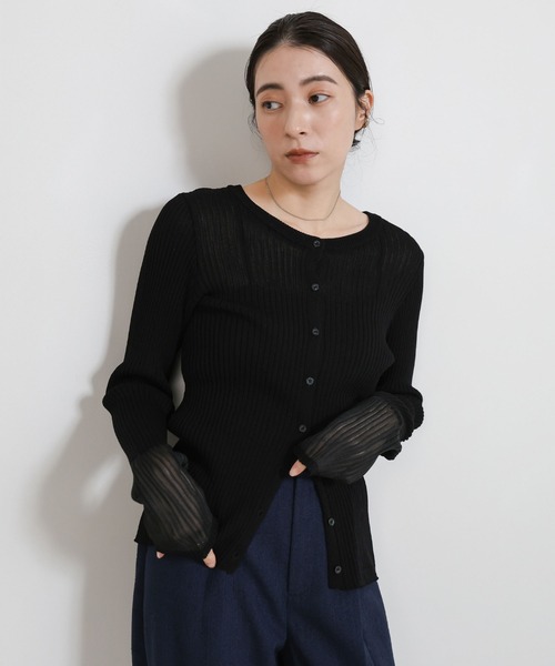 select MOCA(セレクトモカ)の「カフスシアークルーネックリブニットカーディガン(カーディガン/ボレロ・レディース・ブラック/オフホワイト・FREE)」の1枚目の写真