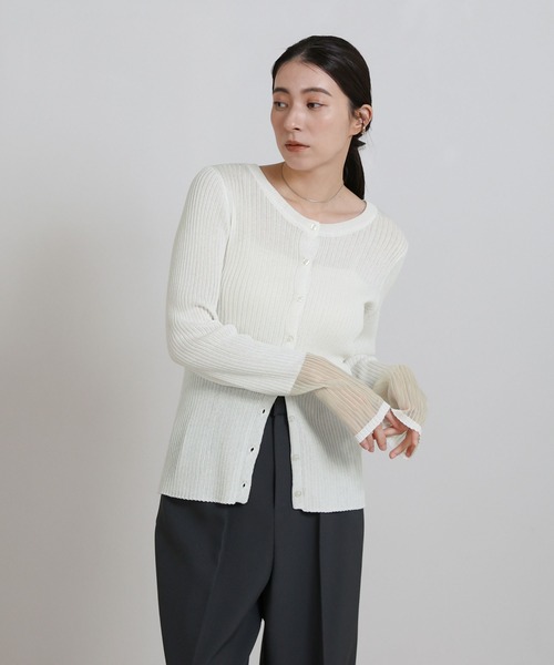 select MOCA(セレクトモカ)の「カフスシアークルーネックリブニットカーディガン(カーディガン/ボレロ・レディース・ブラック/オフホワイト・FREE)」の8枚目の写真