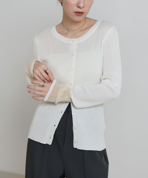 select MOCA(セレクトモカ)の「カフスシアークルーネックリブニットカーディガン(カーディガン/ボレロ・レディース・ブラック/オフホワイト・FREE)」の12枚目の写真