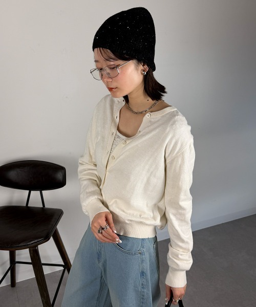 mellomela.(メロメラ)の「コットンクルーネックカーディガン(カーディガン/ボレロ・レディース・ダークグリーン/ネイビー/ブラック/オフホワイト・M-L)」の5枚目の写真
