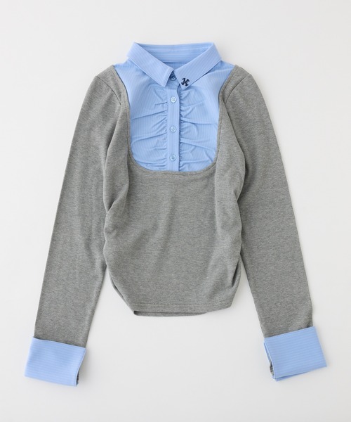 one after another NICE CLAUP（ワンアフターアナザーナイスクラップ）の「レイヤードドッキングトップス（Tシャツ/カットソー・レディース・ベージュ/ネイビー/杢グレー/ブラック・FREE）」の2枚目の写真