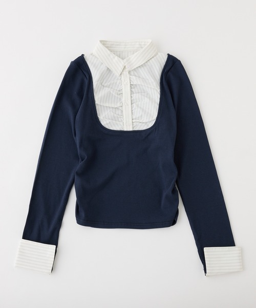 one after another NICE CLAUP（ワンアフターアナザーナイスクラップ）の「レイヤードドッキングトップス（Tシャツ/カットソー・レディース・ベージュ/ネイビー/杢グレー/ブラック・FREE）」の4枚目の写真