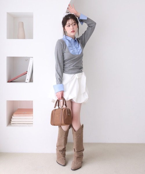 one after another NICE CLAUP（ワンアフターアナザーナイスクラップ）の「レイヤードドッキングトップス（Tシャツ/カットソー・レディース・ベージュ/ネイビー/杢グレー/ブラック・FREE）」の20枚目の写真