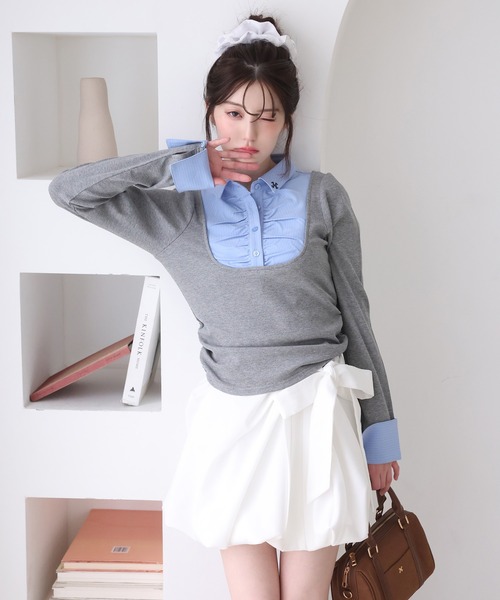 one after another NICE CLAUP（ワンアフターアナザーナイスクラップ）の「レイヤードドッキングトップス（Tシャツ/カットソー・レディース・ベージュ/ネイビー/杢グレー/ブラック・FREE）」の21枚目の写真